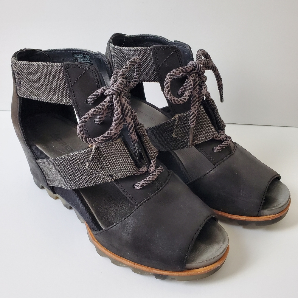 Sorel Joanie Lace, Black and Gray, leather and fabric lace up wedges sz 9